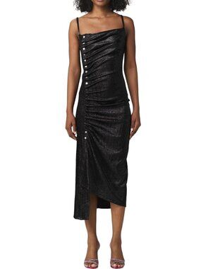 PACO RABANNE DRAPED RUCHED BLACK LUREX SPARKLE MIDI DRESS 40 FR 10 US